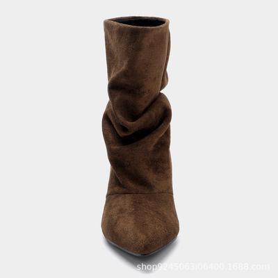 Boots  New Retro Pleated Stacking Boots Medium Boots Women's Suede Fine Heel Versatile Wasteland Wind Boots