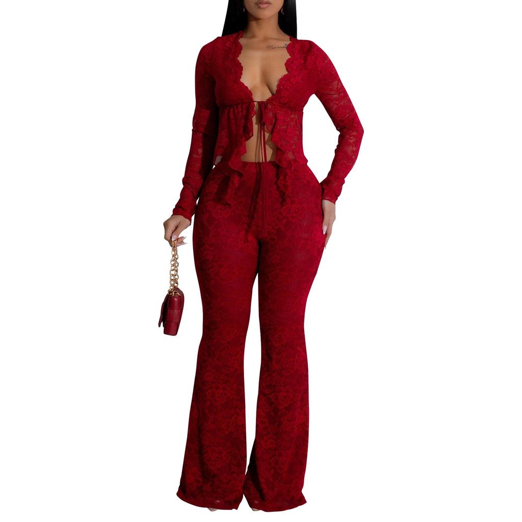 AL311 Women's Sexy Lace Flocking See-through Two-piece Set for Nightclub & Party