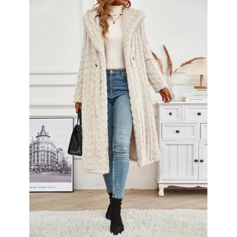 Cross-border Supply 2025 Autumn and Winter Fashion Long Net Color Long-sleeved Hooded Woolen Women's Coat