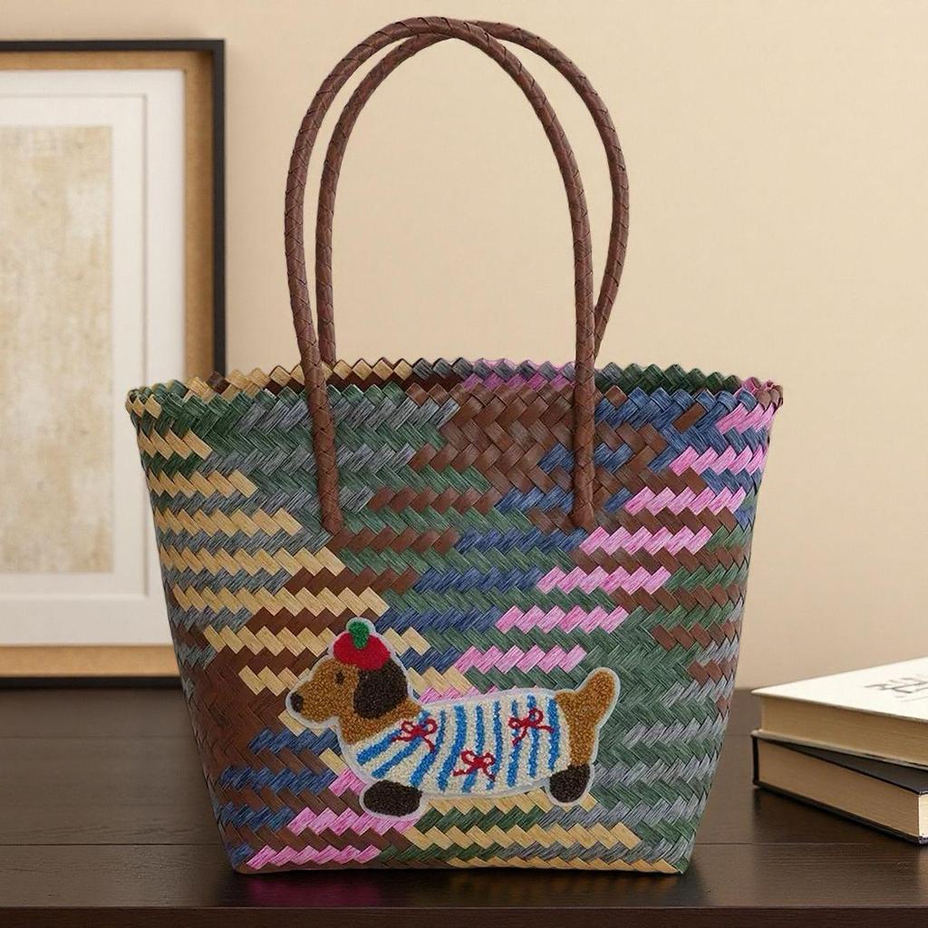 Handgefertigte bestickte Dackel gewebte Handtasche und Aufbewahrungskorb