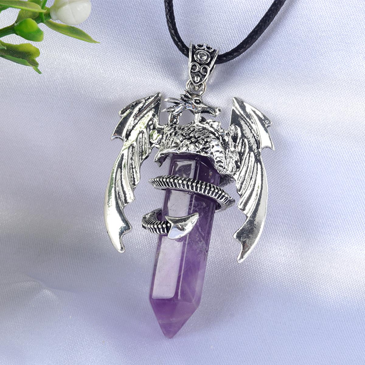 1 шт. шестиугольная колонна, ожерелье из драгоценных камней, кулон, целебный кристалл, аметист, натуральный камень, кожаный ремешок, цепочка, ожерелья для женщин и мужчин, ювелирные изделия 32x50 мм 32x50mm