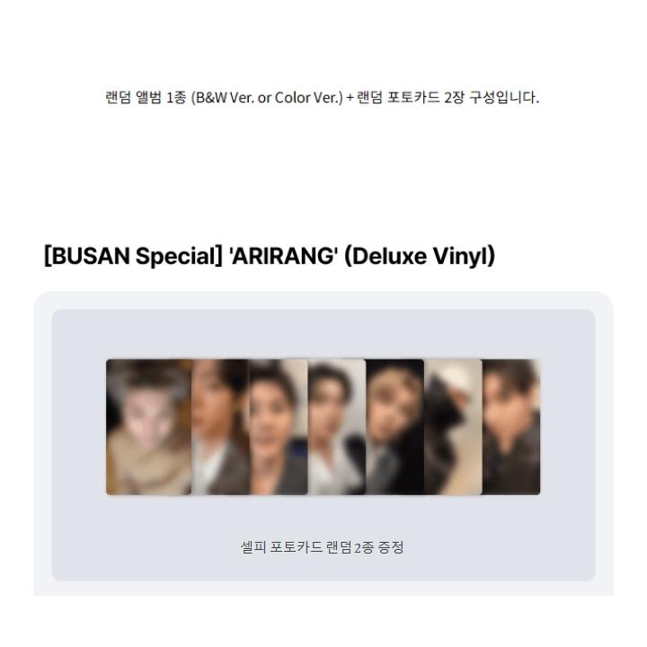 [BUSAN Special] BTS ARIRANG (Deluxe Vinyl) Random 1EA + Photo Cards, Official, Original, Authentic, KPOP