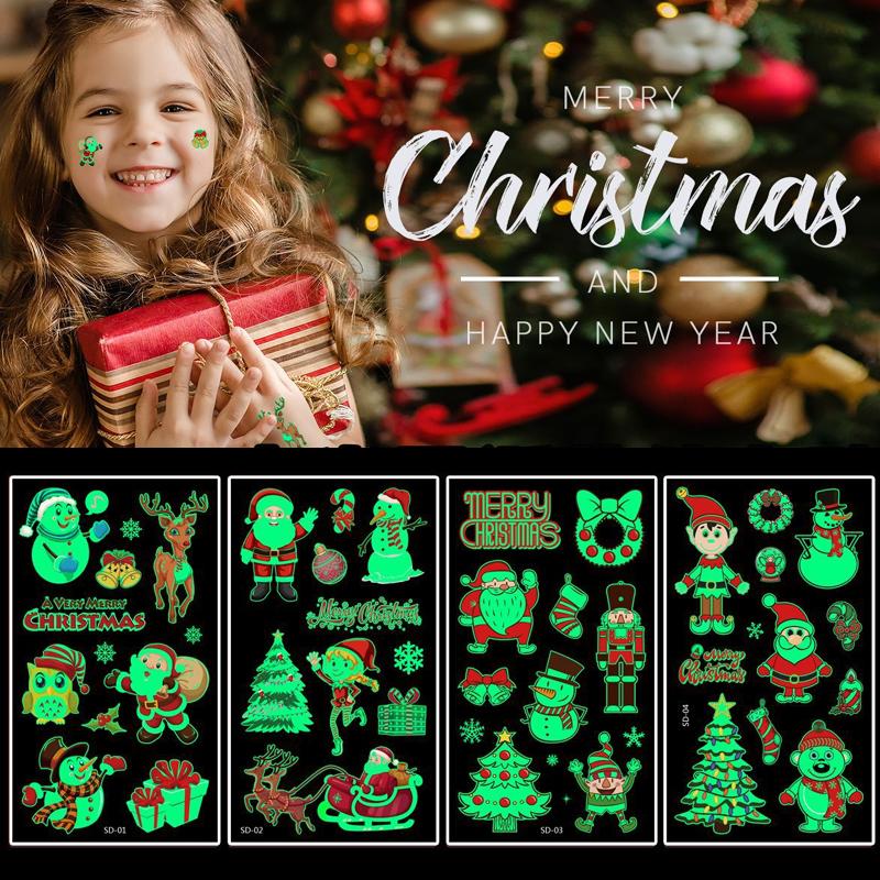 10 Sheetsset Christmas Luminous Tattoo Sticker Kid Arm Face Glowing Waterproof Tattoos False Temporary Tattoo Stickers