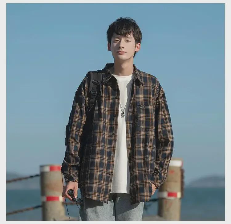Men's 2023 Retro Japanese Plaid Loose Long Sleeve Shirt for Spring and Autumn