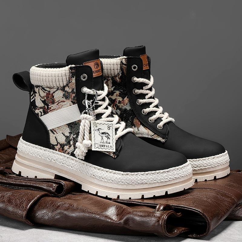 Leather Martin Boots Men's Autumn High-top Men's Boots Autumn and Winter Velvet Tooling Trendy Boots Men's Straw Bottom