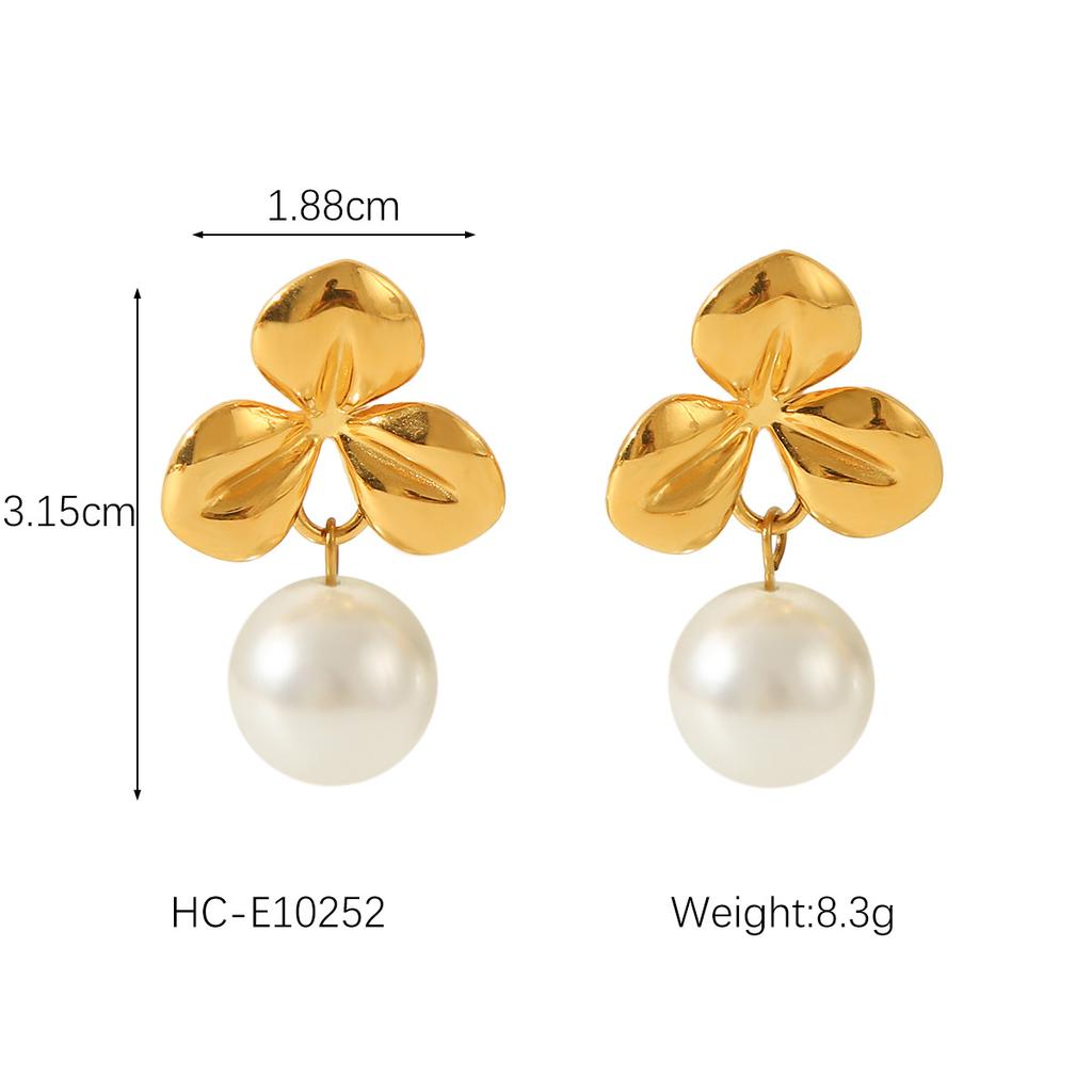 French Style 18K Gold Stainless Steel Flower Studs, Fashionable Retro Elegant Pearl Earrings for Women