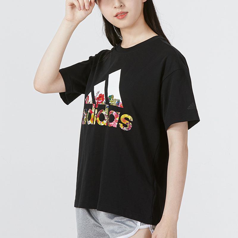 Adidas Large Logo Floral Print Sports Casual Round Neck Short Sleeve Drop Shoulder T-Shirt Women T-Shirt Black HN7754