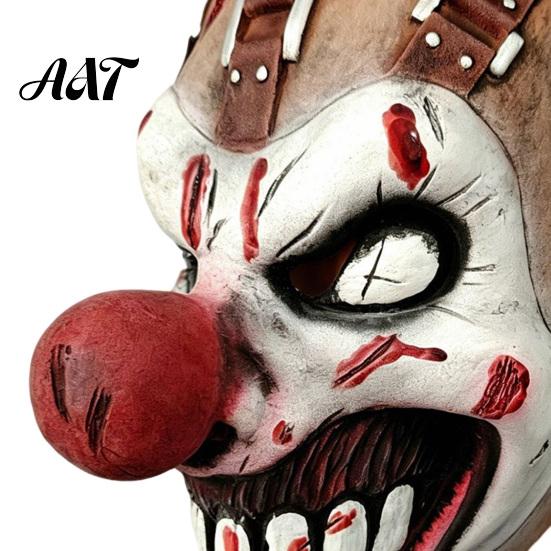 Horror Robber Cosplay Props Halloween Clown Mask, Realistic Latex Scary Mask with Blood Stained Scarred Red Nose for Haunted House Parties Costume