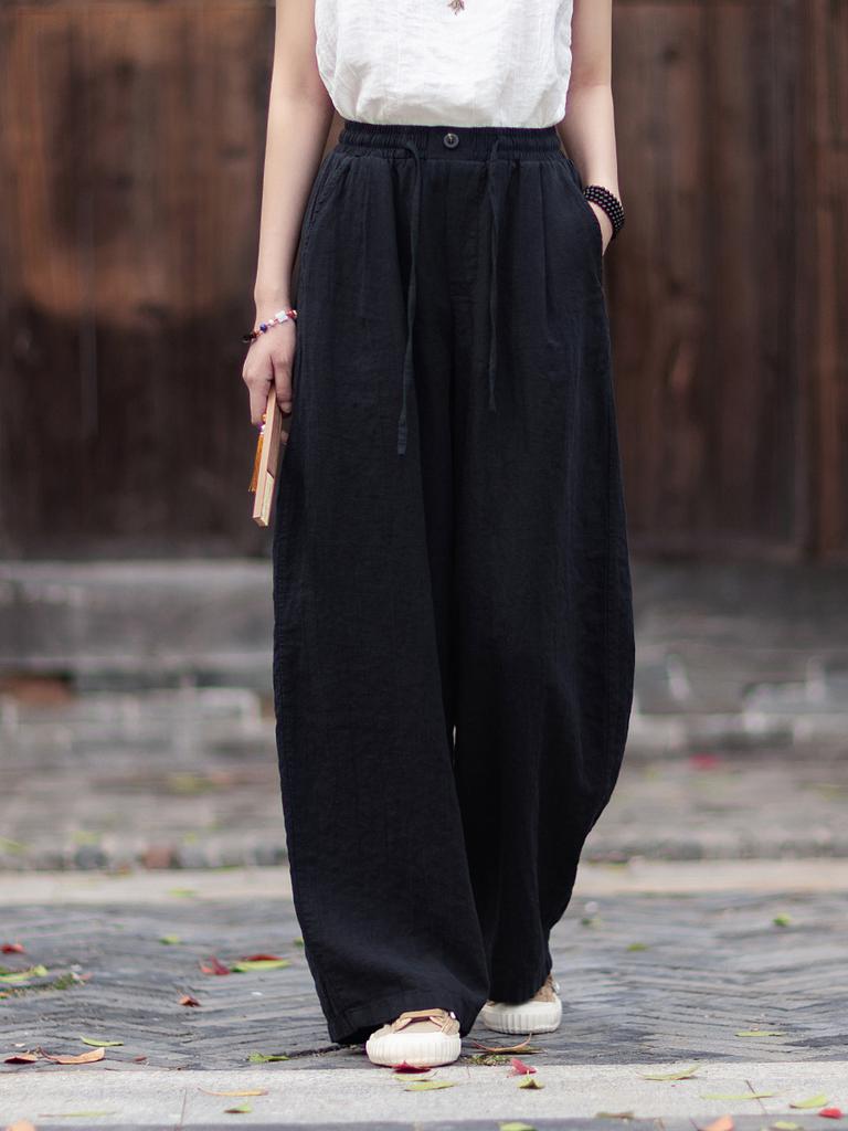 Johnature Women Vintage Straight Pants Summer Chinese Style Solid Color Loose Trousers Elastic Waist Pants