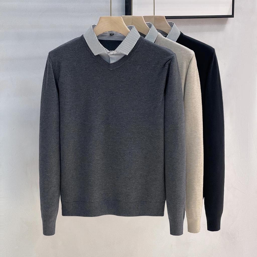 2026 Men's V-Neck Faux Two-Piece Knit Sweater - High-End Business Casual Inner Wear for Spring and Autumn