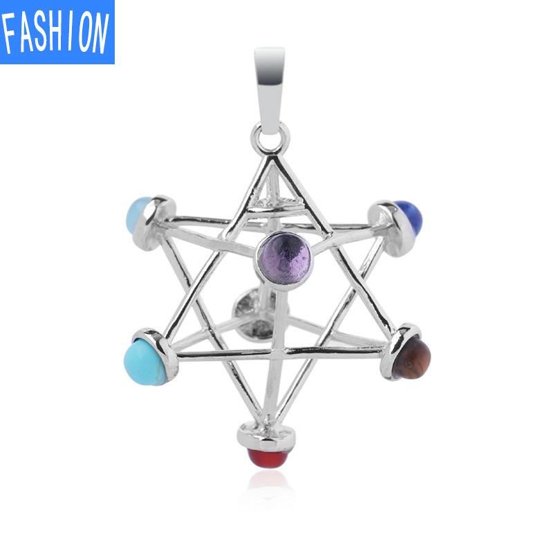 Religiøst Mysterium Tredimensjonalt Utskåret Melkaba Heksagram Energi Geometrisk Krystall Anheng Halskjede Syv Chakraer