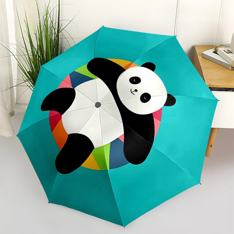 1PC Panda Rainbow Automatic Windproof Umbrella 8 Rib Portable Folding Black Iron Frame for Outdoor, Beach, Travel, Beach Umbrella,S26