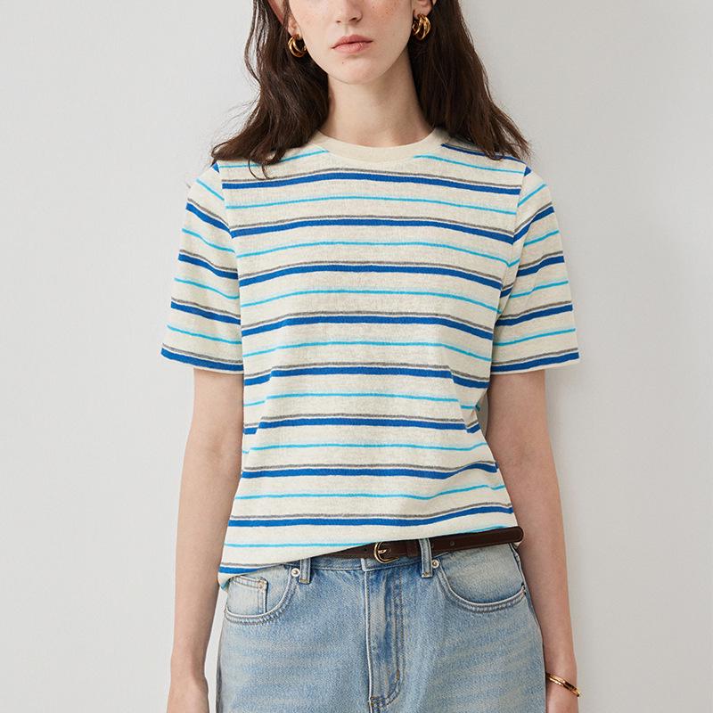 CANVAUS Women s Summer Loose Knit Striped Short Sleeve T-shirt L небесно-голубой