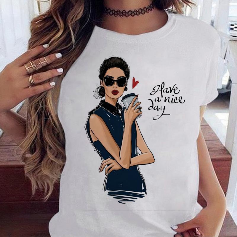 Women's Top Urban Girl Printed Casual White Cute Simple Retro Front Shoulder Pure Cotton Short Sleeved T-Shirts Women’s