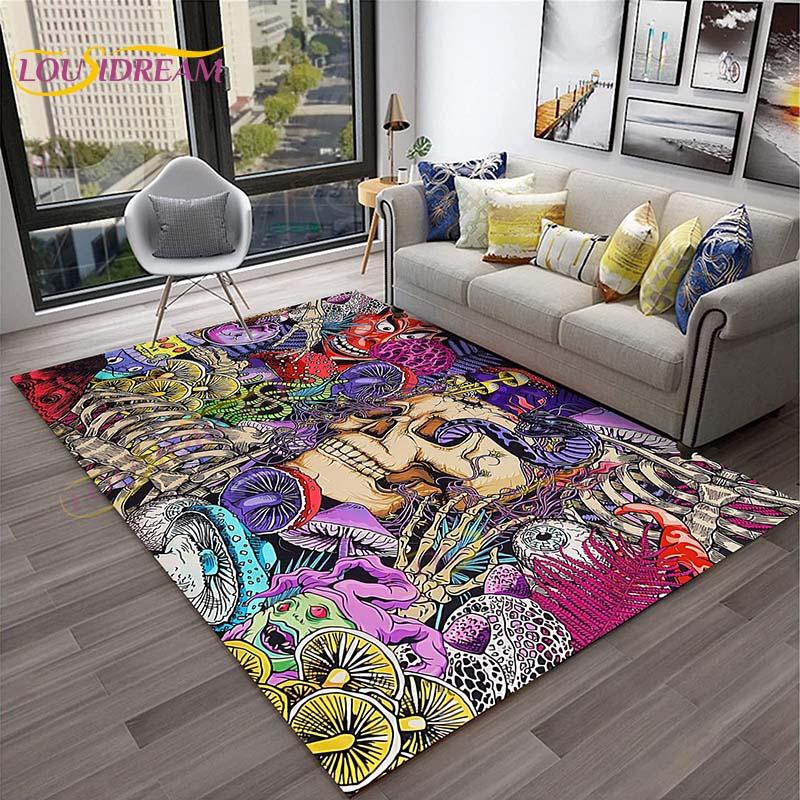 3D Starry Botanical Sun Moonlit Mushroom Rug Floral Hippie Moon Phase Carpet for Aesthetic Bedroom Living Room Vintage Game Mat
