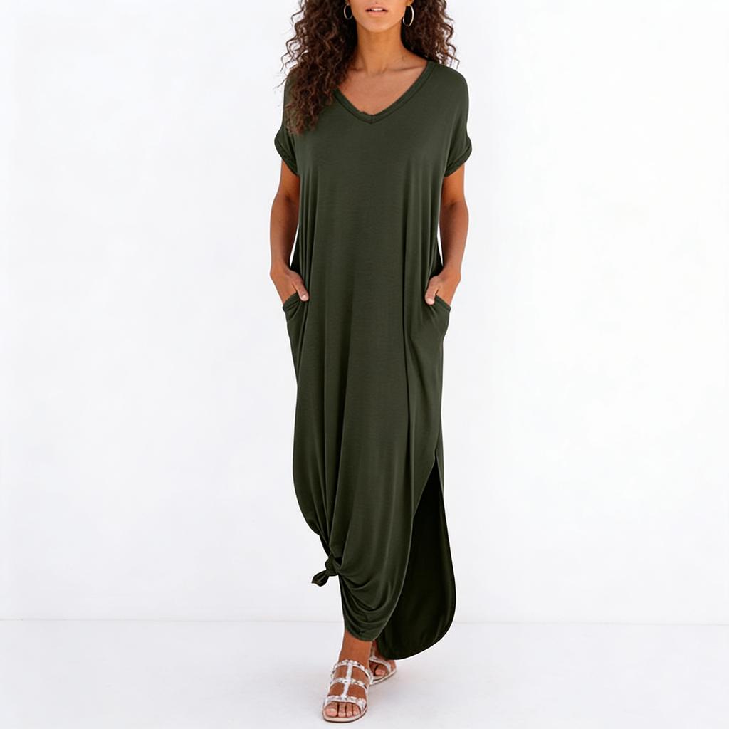Women's V-neck Short-sleeved Mid-length Loose-fitting Dress With Pockets And Casual