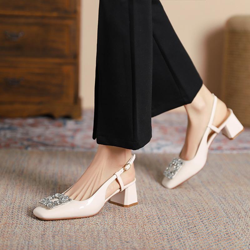 9-High-heeled bag head sandals women's summer new thick-heeled square head high-heeled shoes rhinestone shallow mouth single shoes