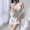 Pajamas women's spring and autumn ice silk thin long-sleeved suspender nightgown nightgown set can be worn outside pure desire sexy loungewear