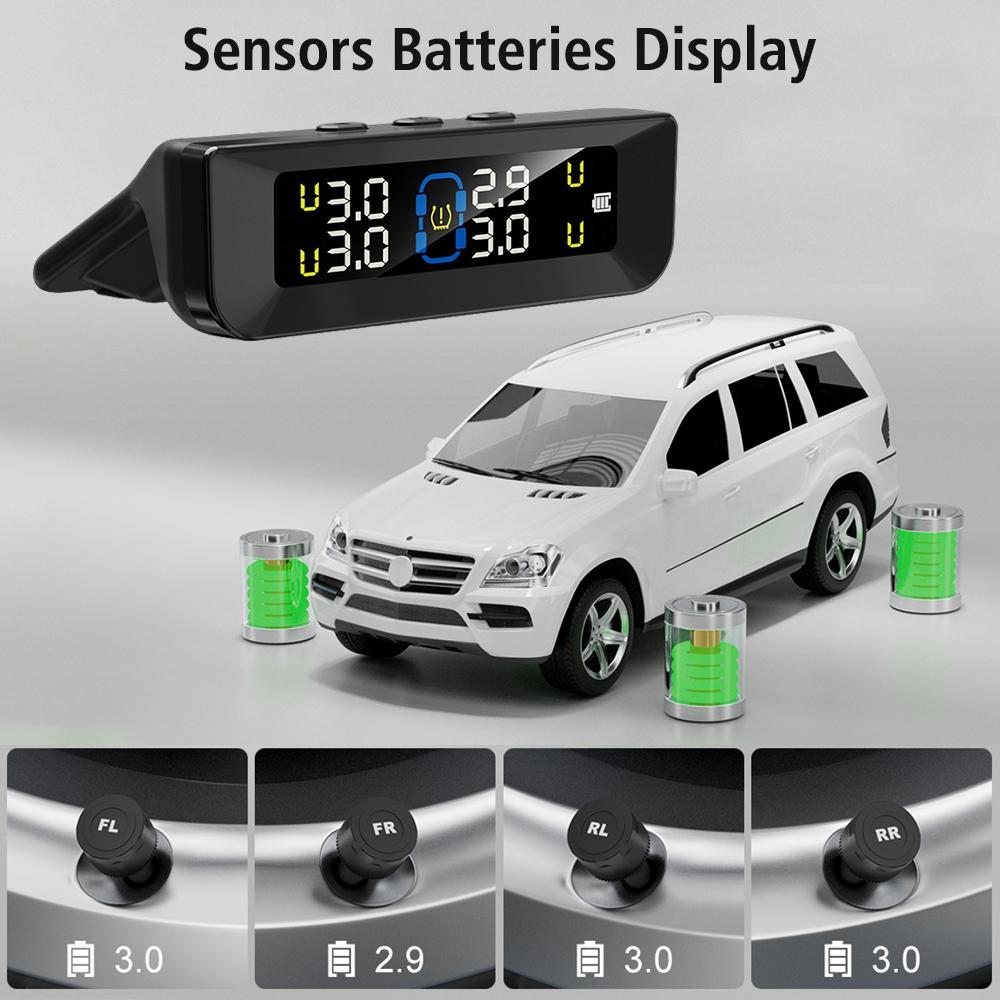 Bil Däcktrycksövervakningssystem Realtidsövervakning Digital LCD-skärm Auto Säkerhetslarmsystem Sol-/USB-driven TPMS
