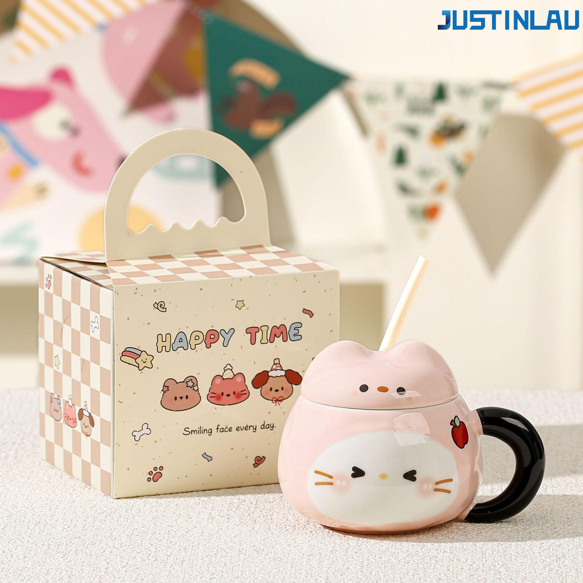 Set of Sesame-shaped Ceramic Cup Cat Grass Straw Cup with Lid and Straw Coffee Cup Breakfast Milk Cup Instagram-style Coffee Cup 400ml