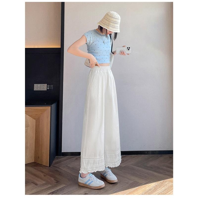 Women's Lace Trim Crochet Wide Leg Ankle Length Pants Summer Loose Thin Style Petite Friendly Sun Protection Casual Trousers