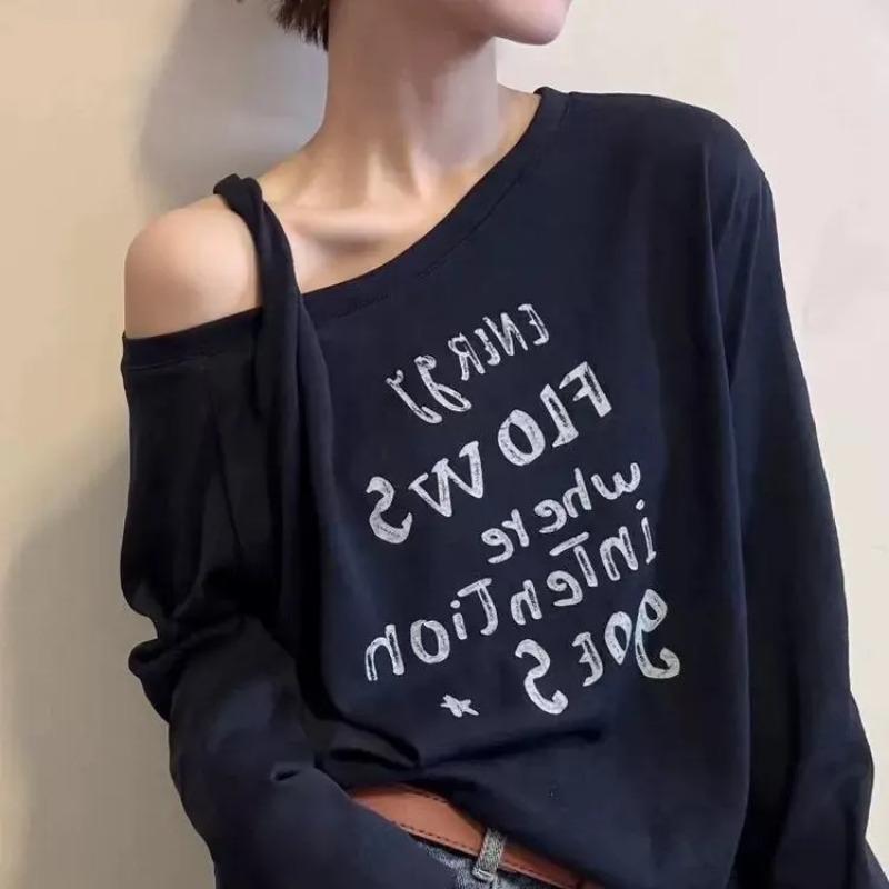Skråkrave Off-shoulder Bogtryk Tidlig Efterår Ny Løs Langærmet Ydertop