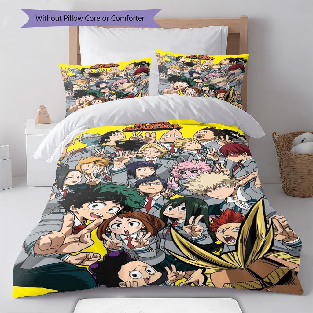 Anime Hero Academia Pattern Bedding Set Quilt Cover Pillowcase Home Decor Gift (1 * Duvet Cover + 2 * Pillowcase, Without Core)