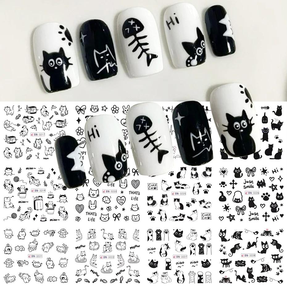 12pcs Cartoon Cute Cat Stickers For Nails Star Flower Bow Nail Water Decals Sliders Korean Japanese Nail Art Manicure Decoration