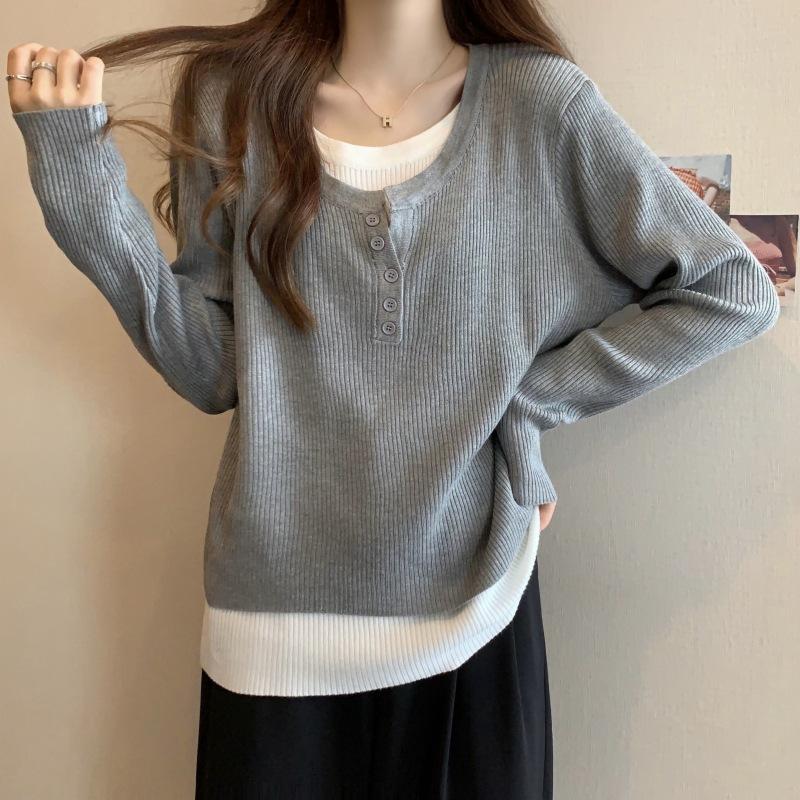 

Женская одежда Весенний новый стиль Ложная двойка Свободная Скрывающая недостатки Чтобы вы выглядели стройнее Внутренняя футболка с длинным рукавом Топ для женщин 5XL серый