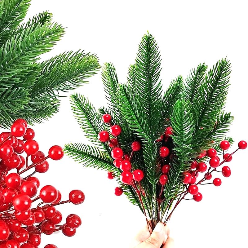 

20Pcs Artificial Pine Needles Berry Bouquet Christmas Decoration Christmas Tree Ornament For Home Decor Year 2026 Accessory зелёный