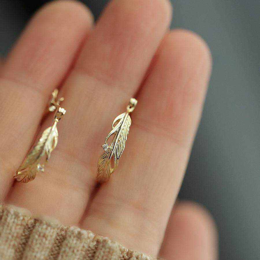 14K Gold-Plated Sterling Silver Feather Leaf Zircon Hoop Earrings 14K Gold Pair