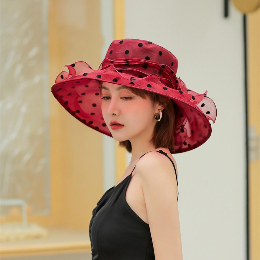 Einzigartiges Design Organza Sonnenhüte für Damen Breiter Rand Klassisch Schwarze Pünktchen Fischerhut Damen Faltbar Atmungsaktiv Strandmützen
