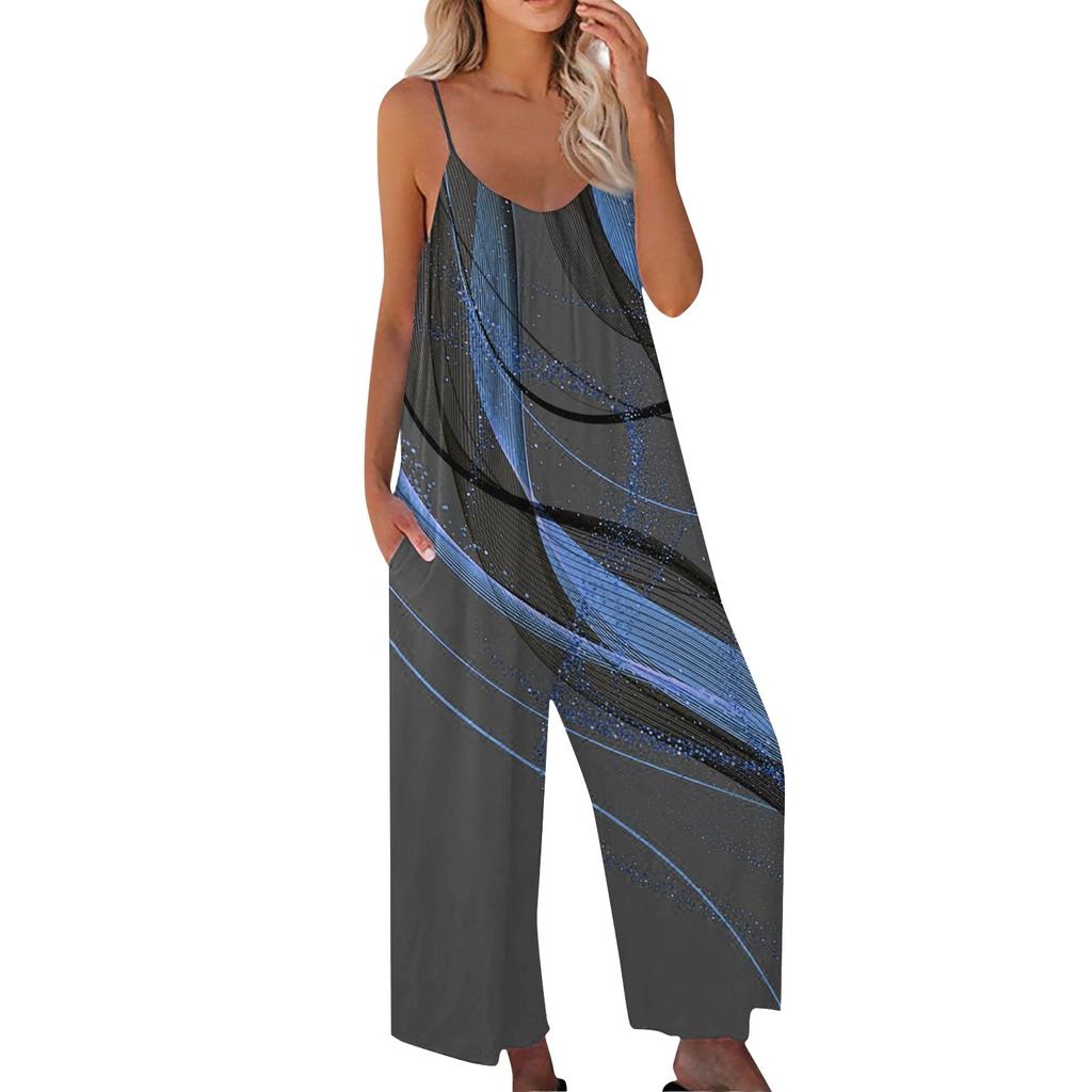 Damski modny swobodny kombinezon z nadrukiem patchworkowym, luźny kombinezon na szelkach