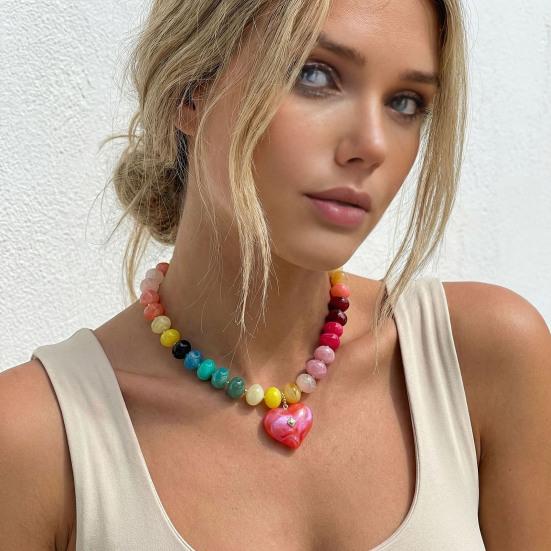 Chunky Beaded Choker, Colorful Acrylic Beads Necklace, Heart Pendant Choker for Women Summer Beach Vacation Jewelry