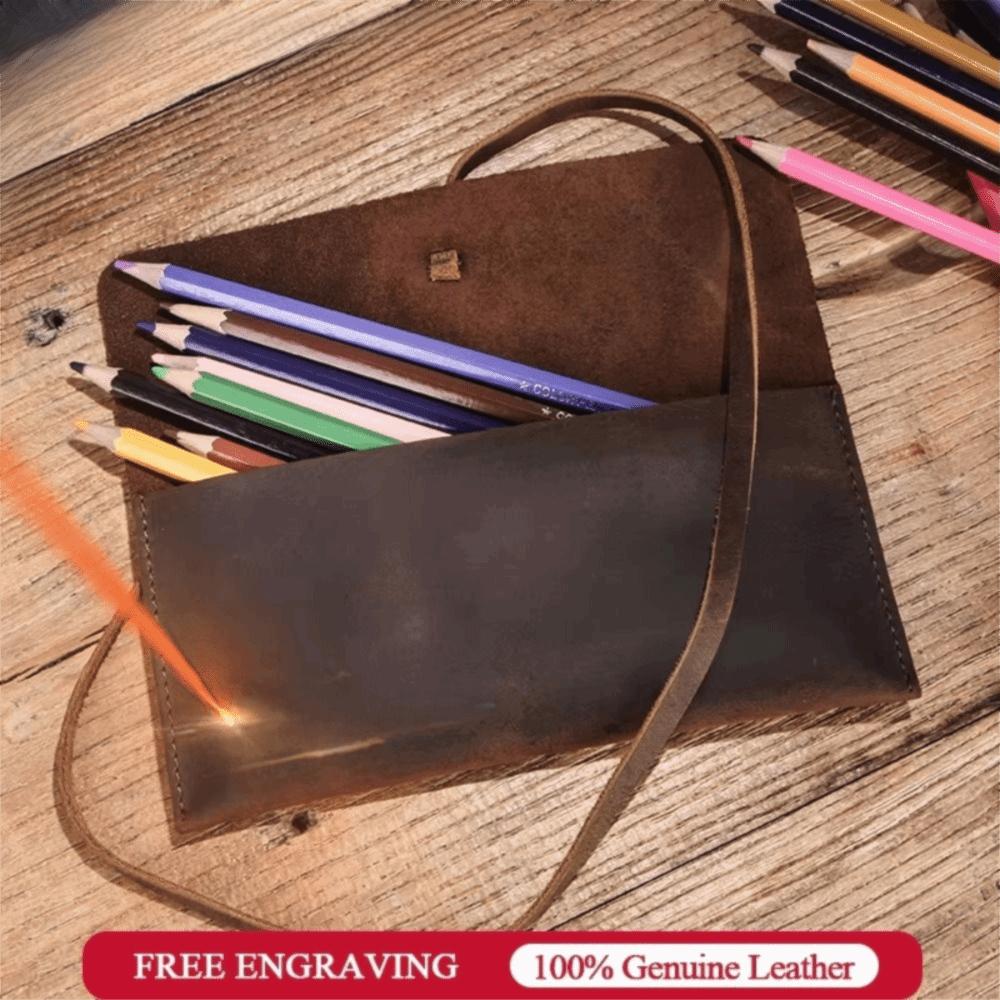 Cowhide Leather Pen Pouch Leather Pencil Storage Bag Retro Stationery Organizer  Office