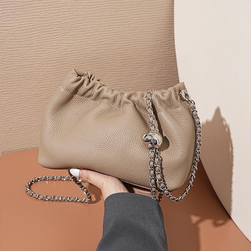 

Women s Genuine Leather Pleated Cloud Shoulder Bag with Gold Ball Chain