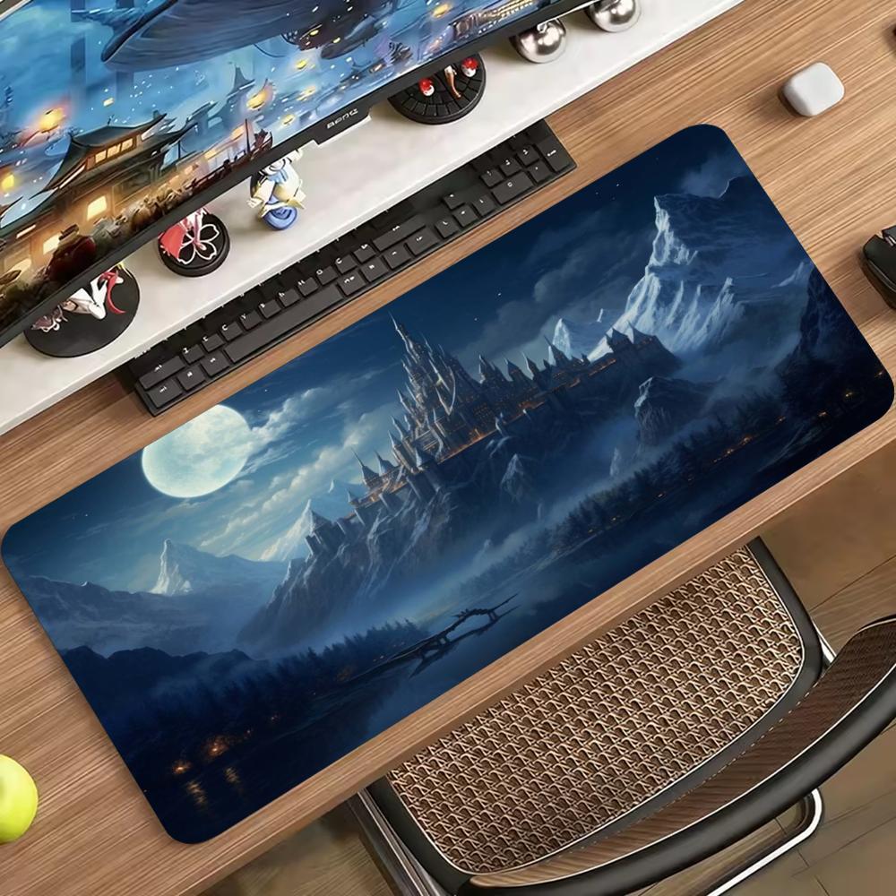 Fairy Tale Castle Night Moon Scenery Large Mouse Pad Nonslip Rubber With Stitched Edges For Gaming Setup And Desktop Decoration