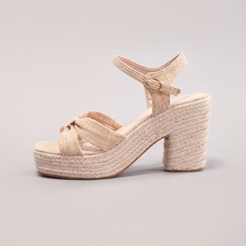 

Hemp rope slope heel platform sandals woven straw rope word with casual summer high heels European and American style thick heel 43 абрикосовый
