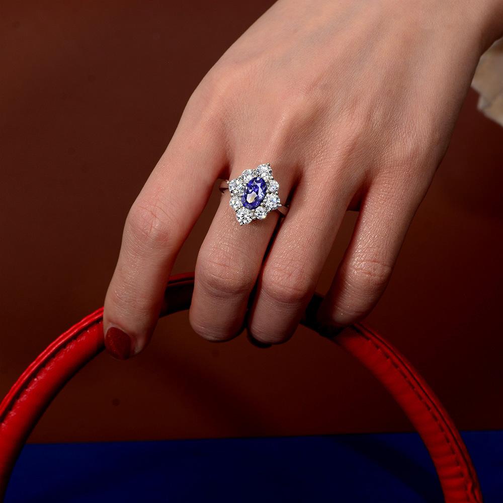 Tancise Jewelry 925 Sterling Silver Ring Female Joker Luxury Personality Egg-shaped Sapphire Luxury Diamond Ring.