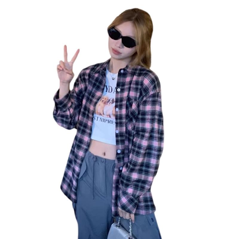 2024 Black & Pink Plaid Women's Shirt - Spring/Autumn Sunscreen Jacket, Korean-Style Niche Design