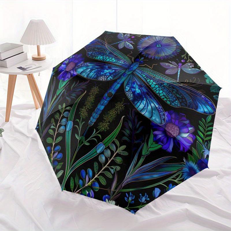 Blue Dragonfly Garden: A Vibrant Circular Art Print Umbrella, Cute Umbrella with Cute Design, Portable 3-Fold Compact Umbrella for Men & Women, Valent