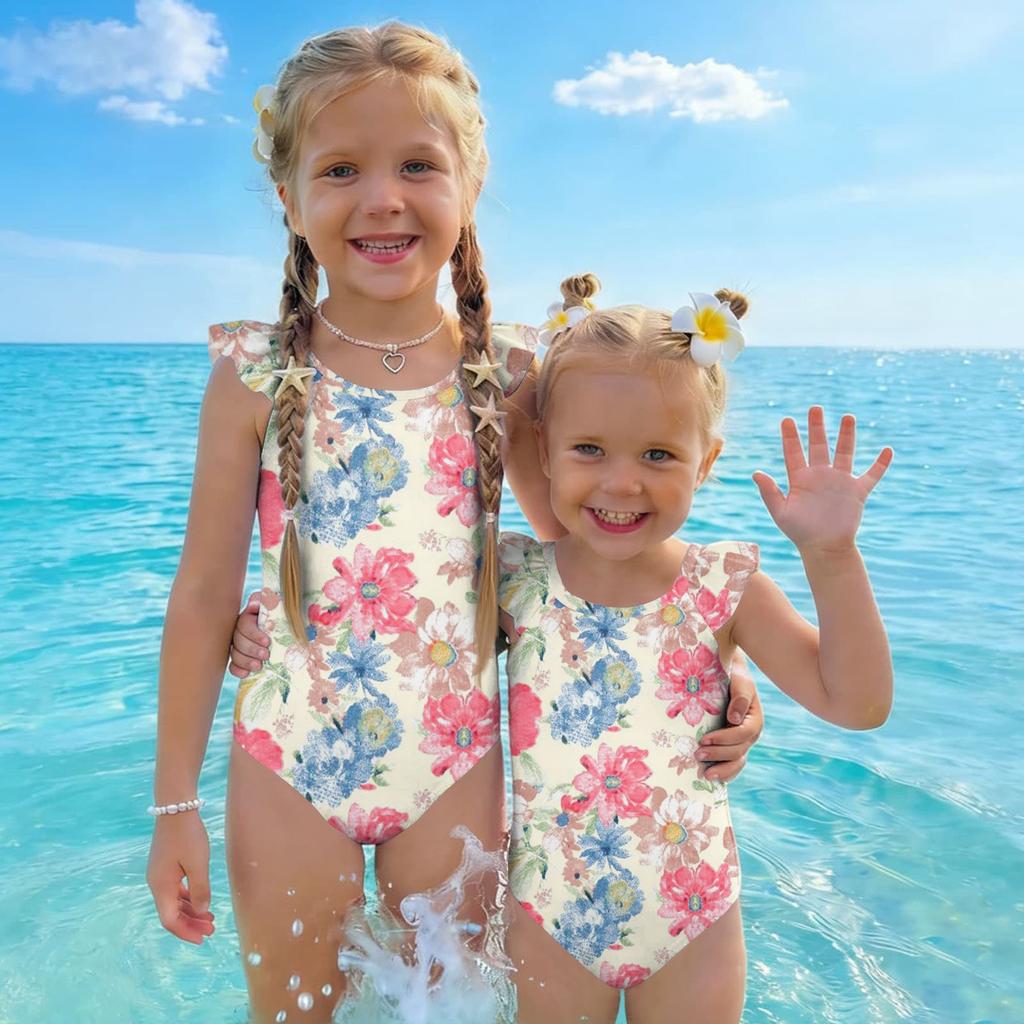 Girls One Piece Swimsuit Floral Print Sleeveless Ruffle Shoulder Design Lightweight Comfortable Fabric Suitable for Summer Beach Pool Swimwear