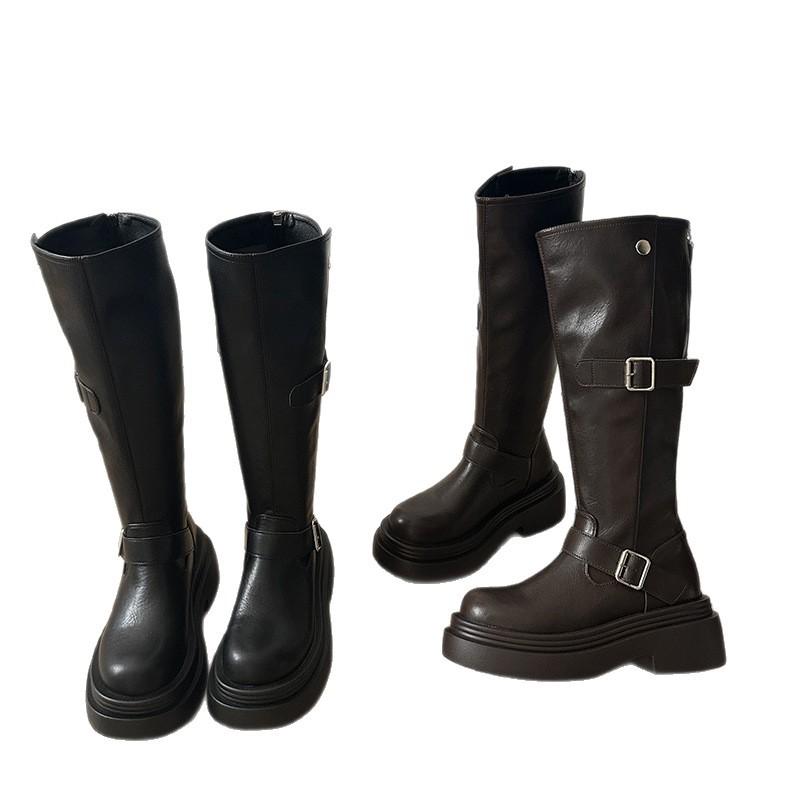 Platform Boots Women's Knee Boots 2025 New Spring and Autumn Retro Belt Buckle Small Tall Knight Boots