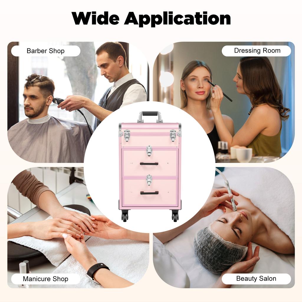 Rofessional Rolling Makeup Case, 3-Layer Train Case with 40 Compartments & 2 Drawers, 50kg Capacity Portable Beauty Organizer