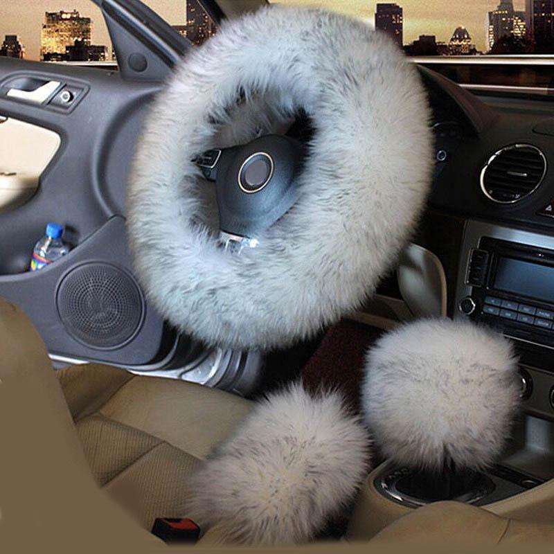 3pcs/set Winter Wool Car Steering Wheel Cover Long Australian Wool Heated Fur Steering Wheel Cover Handbrake Gear Shifter Cover