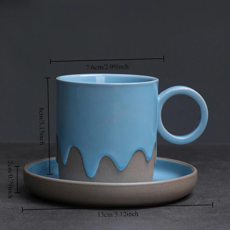 Creative Vintage Style Coarse Pottery Coffee Cup and Saucer Set with Flowing Glaze Finish for Latte Art Home Decor Use Gift Box