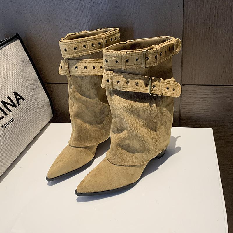 

[Фанфна] Американские Spice Girls Пряжка для ремня Брюки Ботинки Женские 2025 Осень Новая Мода Нишевый Дизайн Короткие Ботинки 40 хаки