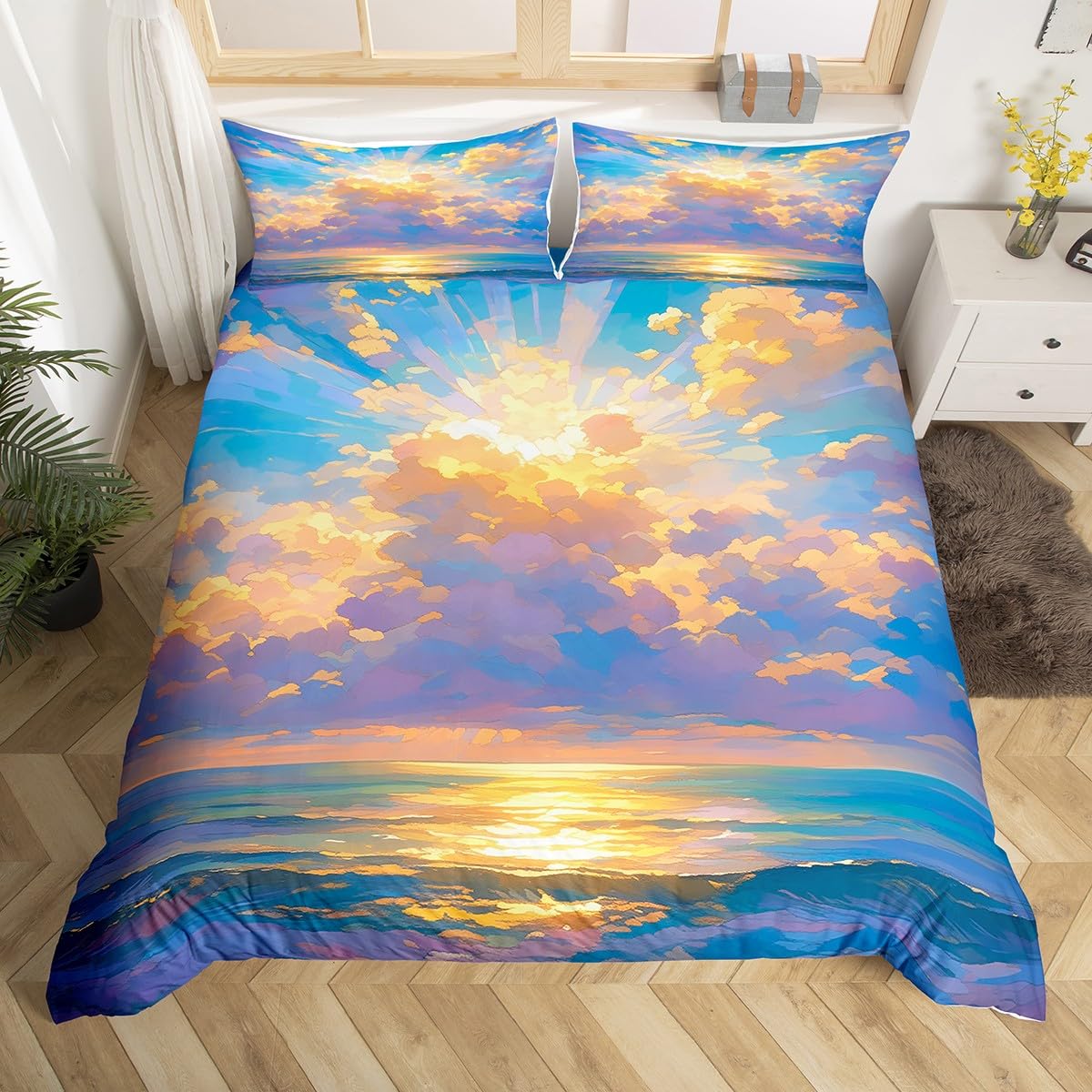 

Sunrise Sunset and Sea Duvet Cover Sets for Teens Lightweight Quilt Covers Sea Coastal Nature Pattern Bedding Set Bedroom Decor AU Queen(210x210cm)