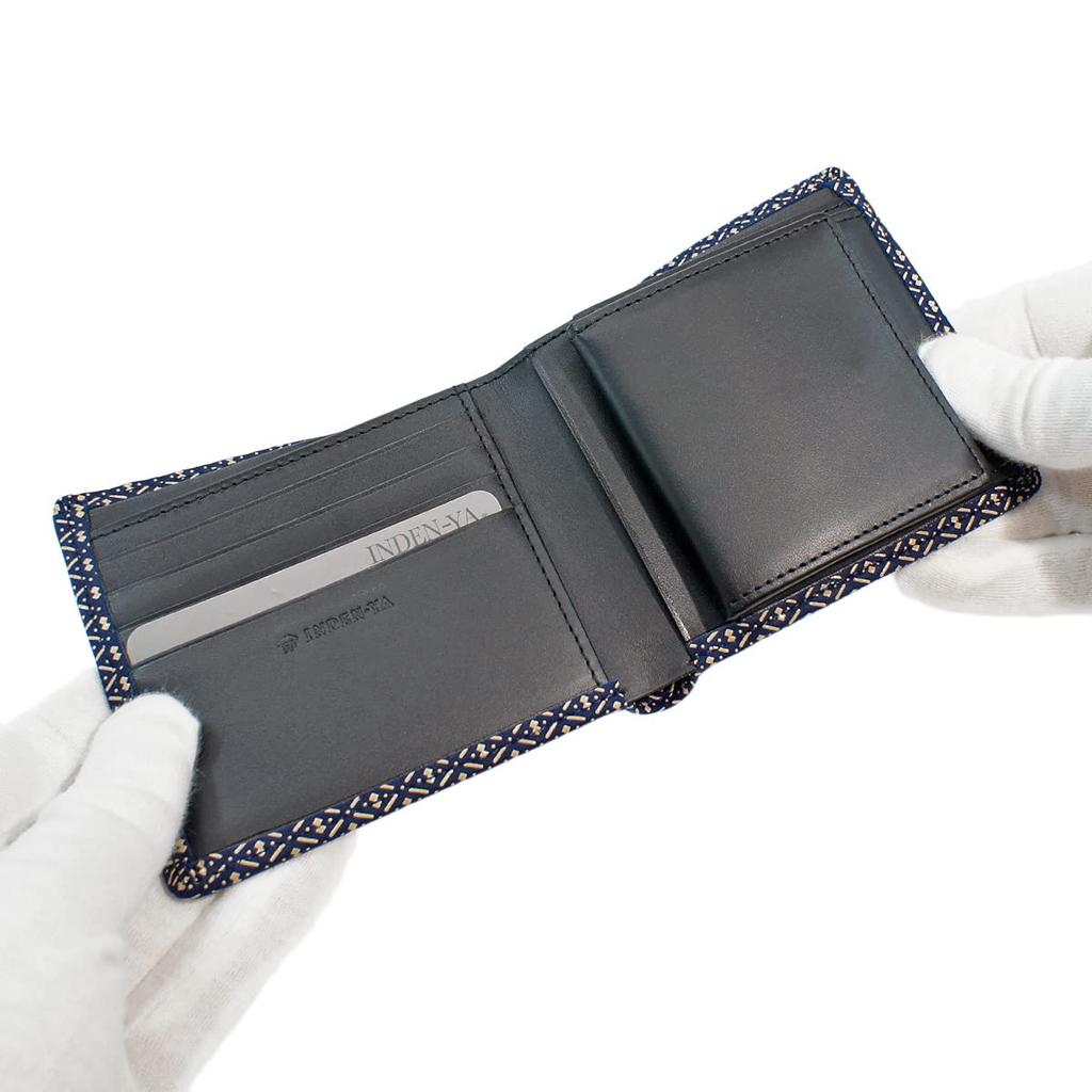 [Inden-ya] Inden Bifold Wallet with Small Bill Compartment and Box-Shaped Coin Purse, Deerskin Leather, Navy Blue with White Lacquer, Gourd Pattern,