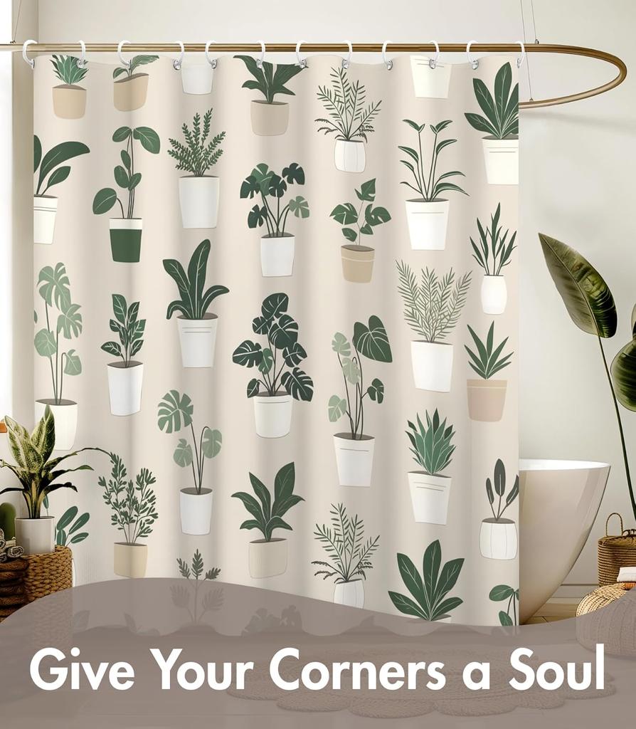 Potted Plants Pattern Shower Curtain 160X180Cm Botanical Theme Bathroom Decor Nature Inspired